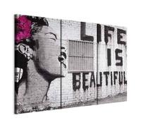 Cuadros B&D XXL - Cuadro en Lienzo Banksy 135x90 cm 3 piezas - Impresión en material tejido no tejido cuadros decoracion modernos lienzos decorativos - Street Art Woman Life is beautiful 030115-3