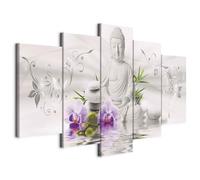 Cuadros B&D XXL - Cuadro en Lienzo Buda Zen Spa 150x75 cm 5 piezas - Impresión en material tejido no tejido cuadros decoracion salon modernos lienzos - flores aqua blanco b-A-0020-b-n