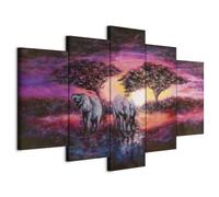 Cuadros B&D XXL - Cuadro en Lienzo Elefantes 200x100 cm 5 piezas - Impresión en material tejido no tejido cuadros decoracion salon modernos lienzos - sabana árboles animales Africa 5721