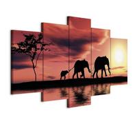 Cuadros B&D XXL - Cuadro en Lienzo elefantes 200x100 cm 5 piezas - Impresión en material tejido no tejido cuadros decoracion salon modernos lienzos - animales sol Africa 030213-15