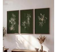 Cuadros botánicos impresos en lienzo, arte de herbario, decoración floral verde oscuro para el hogar (40x60cm - 3 piezas)