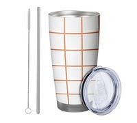 Cuadros con tapa y vaso de popote, diseño artístico moderno a cuadros, patrón geométrico, naranja, gris, aislado, metal, no se derrama, escuela, universidad, guardería, sin tallo, doble pared, 20