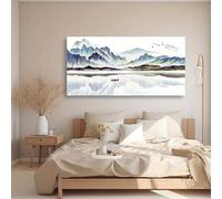 Cuadros de arte de pared con paisaje minimalista moderno en tinta - Pintura abstracta de montaña al agua en azul, blanco, gris, negro y beige (75x150cm/30x59in)