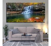 Cuadros de arte de pared para sala de estar, follaje colorido, lago tranquilo, cascada, paisaje, dormitorio moderno, hogar, oficina, decoración de pared (60 x 123 cm/24 x 48 pulgadas)