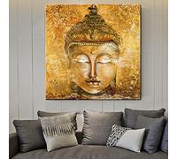 Cuadros De Arte De Pared, Pintura En Lienzo, Cabeza De Buda Dorada sobre Lienzo, Decoración De Pared para El Hogar, Póster, Impresiones De Buda para Decoración De Sala De Estar Sin Marco (50x50cm)