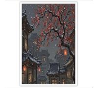 Cuadros de Arte Estilo acuarela Posters de Pared Rojo Cuadros Decoracion para Salon Dormitorio Arquitectura tradicional china Impresiones en Lienzo 70Lx50W cm Sin Marco