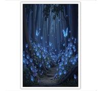 Cuadros de Arte Estilo de fantasía Posters de Pared Azul Cuadros Decoracion para Salon Dormitorio Luciérnagas y mariposas del bosque Impresiones en Lienzo 60Lx40W cm Sin Marco
