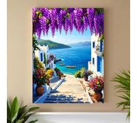 Cuadros de baño con vistas a la costa mediterránea, flores moradas y paisaje marino azul, ideales para decorar la pared del salón en verano (80x120cm/Sin marco).