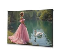 Cuadros de baño de princesa en rosa junto al lago con cisne, cuadro decorativo para sala de estar, 40 x 60 cm