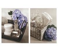 Cuadros de baño Florales en Blanco y Negro con hortensias violetas. Set de 2 Unidades de 19 cm x 25 cm x 4 mm unid. Adhesivo FÁCIL COLGADO. Adorno Decorativo. Decoración Pared hogar