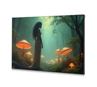 Cuadros de baño para decoración de pared, una mujer con un vestido que fluye se encuentra entre hongos brillantes en un bosque místico. Lienzo decorativo cristiano de Pascua decoración de habitación