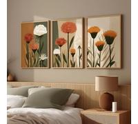 Cuadros de flores silvestres, láminas botánicas de diente de león blanco y naranja quemado sobre lienzo, decoración minimalista para el hogar en tonos tierra neutros (80x110cm (31x43in) x3/Sin marco)