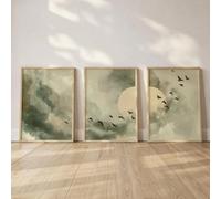 Cuadros de lienzo con pájaros, póster en verde salvia, arte mural minimalista, pintura de paisaje para decoración de pared del hogar (30x40cm-3 piezas)