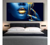 Cuadros de lienzo de una mujer africana con labios dorados, pósteres y láminas artísticas pared, imágenes de medio rostro de una chica negra para la sala de estar Sin marco 70x140cm(28x55inch)