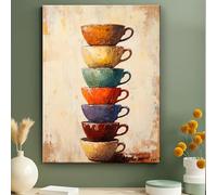 Cuadros de lienzo para pared: tazas de café coloridas apiladas, arte pop moderno, decoración vibrante para el hogar, la oficina, el salón y el pasillo (50x70cm/20x28in/marco interior)