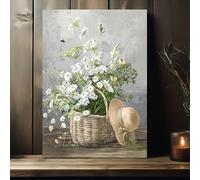 Cuadros de lienzo para pared: vibrantes margaritas florales, sombreros de paja rústicos, abejas, decoración cottagecore primaveral para baño y oficina (60x70cm/24x28in/marco interior)