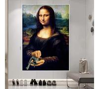Cuadros de pared divertidos, retrato de Mona Lisa y pistola, arte de pared, pósteres, impresiones, lienzo de figuras, pintura famosa, decoración del hogar (80 x 140 cm/marco interior)