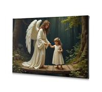 Cuadros de pared para sala de estar, ángel guiando a un niño a través del bosque, lienzo decorativo, diseño de flores, decoración de Pascua (20 x 30 cm)