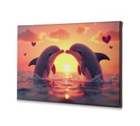 Cuadros de pared para sala de estar, dos delfines besándose al atardecer, lienzo decorativo, diseño de flores, decoración de Pascua (30 x 40 cm)