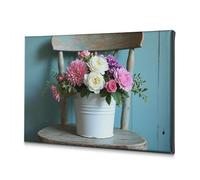Cuadros de pared para sala de estar, flores en un cubo blanco sobre una silla de madera. Lienzo decorativo cuadro decorativo decoración de Pascua para Cuartos (30 x 40 cm)