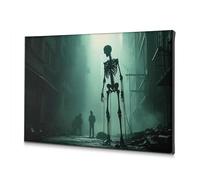 Cuadros de pared para sala de estar, un esqueleto gigante que se cierne sobre dos personas en un callejón espeluznante y brumoso. Lienzo decorativo para decoración de Pascua para Cuartos, 20 x 30 cm