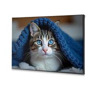 Cuadros de pared para sala de estar, un gato con llamativos ojos azules está acogedor debajo de una manta de punto azul. Lienzo decorativo para decoración de Pascua para Cuartos, 40 x 60 cm