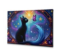 Cuadros de pared para sala de estar, un gato negro con una cola azul que mira a una mariposa morada contra una estrella, lienzo decorativo, decoración cristiana de Pascua, decoración para Cuartos, 40