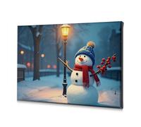 Cuadros de pared para sala de estar, un muñeco de nieve alegre de pie junto a una lámpara de calle brillante en una noche nevada. Lienzo decorativo para decoración de Pascua (30 x 40 cm)