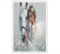 Cuadros Decoracion Dormitorios, 80x120cm Romanticismo Lienzo Poster Niña Margarita Caballo Blanco Cuadro en Lienzo Decorativo Pared para Salón, Comedor, Entrada u Oficina - Sin marco, Gris Claro