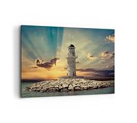 Cuadros Decoracion Salon Faro agua mar piedras Lienzos decorativos 120x80cm Cuadro Sobre Lienzo Moderno Dormitorio Cocina Cuadros Pared Imágenes Wall Art Prints Decor Canvas Grande XXL AA120x80-2895