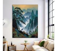 Cuadros Decoracion Salon Pintura De Paisaje Chino, 70×100 cm Grandes Laminas Decorativas Pared Dormitorios, Lienzos Decorativos Pared Escena De Cascada Y Bosque De Pinos, Wall Art Comedor Pasillo Baño