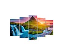 Cuadros Decoracion Salon Puesta de sol cascada islandia volcán Lienzos decorativos 160x85cm Cuadro Sobre Lienzo Moderno Dormitorio Cuadros Pared Tríptico 5 Piezas Wall Art Prints Grande EA160x85-2963