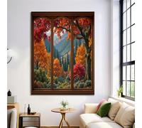 Cuadros Decoracion Ventanas De Madera Bosque De Arces Rojos Montañas, 80×120 cm Grandes Laminas Decorativas Pared Dormitorios, Lienzos Decorativos Pared Paisajes Pastorales Europeos Wall Art