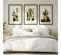 Cuadros decorativos geométricos botánicos de mediados de siglo, lienzos con estampados abstractos de hojas en verde oliva y salvia, decoración minimalista y neutra para el hogar (40x60cm - 3 piezas)