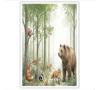 Cuadros Decorativos Lienzo Tema De Animales Del Bosque Póster de Arte Oso, Zorro, Tejón Cuadro en Lienzo Decoración de Pared para Salon Habitación Infantil Comedor Pasillo, 60x90cm - Verde Claro