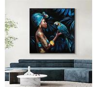 Cuadros decorativos modernos Mujer africana jugando con un loro Impresiones en lienzo Arte de pared Imágenes abstractas para decoración de sala de estar 70x70cm Sin marco