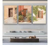 Cuadros en lienzo de estilo mediterráneo con árboles, edificios y paisajes marinos. Pósteres e impresiones para decoración de paredes de sala de estar y hogar (30x45cm - 3 piezas/sin marco).