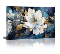 Cuadros florales vintage en azul y blanco, estilo bohemio abstracto con motivos botánicos dorados. Impresión en lienzo para dormitorio (70x100cm/Sin marco).