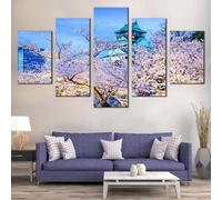 Cuadros Grandes Dimensiones Decoracion Salon Cuadro en Lienzo 5 Piezas Castillo de Osaka Japón Cerezos en flor Árboles Cielo azul Murales Decorativos Pared Dormitorio Cuadros Pared 200×100 CM