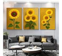 Cuadros impresos en lienzo con girasoles sobre fondo dorado, decoración floral moderna para sala de estar y comedor (50x75cm - 3 piezas).