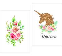 Cuadros Infantiles Habitación Niña .Láminas Decorativas para Enmarcar. 2 Poster Unicornio y Flores .Tamaño A4 DM129