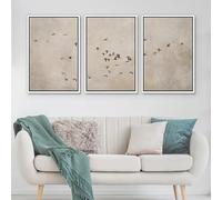 Cuadros minimalistas de pájaros volando en lienzo, silueta abstracta en tonos beige neutros, decoración zen para sala de estar y oficina (40x55 cm - 3 piezas).