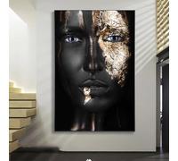 Cuadros modernos de lienzo de una chica negra con maquillaje dorado, pósteres e impresiones de arte mural, imágenes de mujeres africanas para decoración de pared Sin marco 60x80cm(24x32inch)