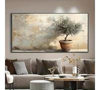 Cuadros modernos en lienzo enmarcados para pared, obras de arte abstractas: El olivo en una maceta, una escena de jardín interior apacible (70x140cm/marco interno).