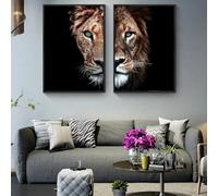 Cuadros y láminas artísticas de una familia de leones y leonas salvajes africanas, impresos en lienzo. Imágenes de animales y leones (60 x 90 cm - 2 unidades).
