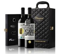 «¡Cuántas veces nos salvó la pereza de los otros...» Mensaje en una Botella. Estuche-Maletín de LUJO 2x Vino Tinto Premium Reserva 12 Meses y Set de 4 Accesorios. Etiqueta Blanca PERSONALIZABLE