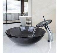 Cuarto de baño de vidrio templado fregaderos transparente negro redondo encimera lavabo combinado cascada mezclador grifo residuos pop-up drenaje conjunto cubierta montado
