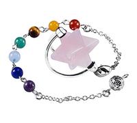 Cuarzo rosa Merkaba Star Péndulo con 7 Chakra Beads Cadena, Adivinación Equilibrio metafísico Curación Reiki Stone-10 PC