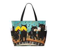 Cuatro gatos negros tumbados sobre el teclado del piano. Bolsas de playa para mujer. Bolso de mano grande, impermeable y resistente a la arena. Bolsa de piscina. Bolsa de mano ligera con cremallera pa