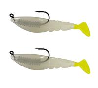 Cuatro jinetes Boom Boom Camarón cebo de plástico fabricado en Estados Unidos Señuelos de pesca de agua salada para trucha moteada, pez rojo - 1/8 Deathgrip Jighead Hook - Contiene 2 cebos de natación